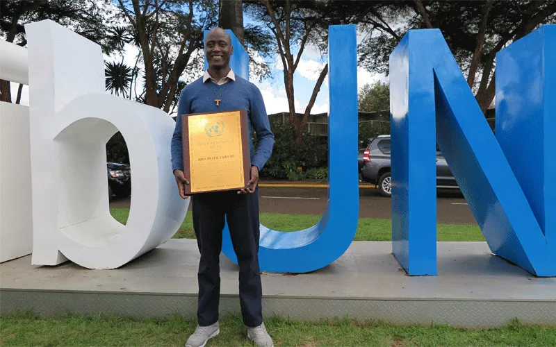 Brother Peter Mokaya Tabichi, Winner of the 2019 United Nations in Kenya Person of the Year Award,  at  the headquarters of the UN in Nairobi, Kenya, October 24, 2019 / UN Information Center, Nairobi