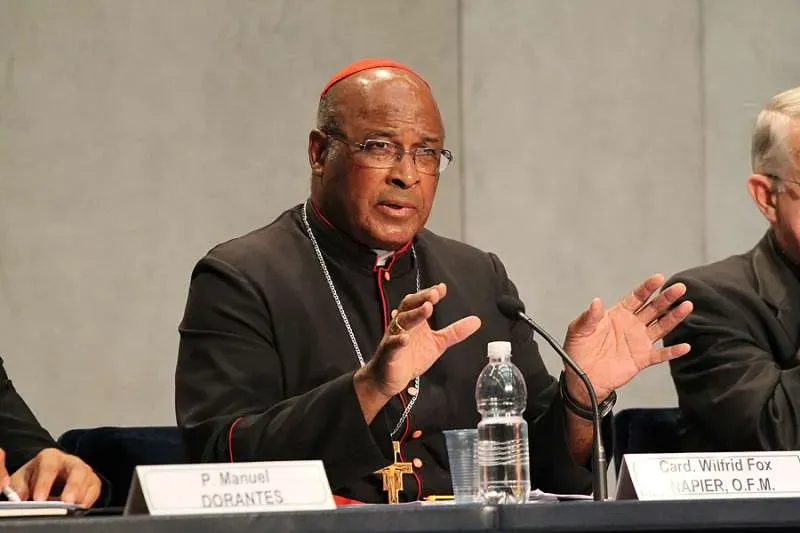 Cardinal Wilfrid Napier speaks at the Vatican Press Office on Oct 14 2014. Credit Bohumil Petrik/CNA
