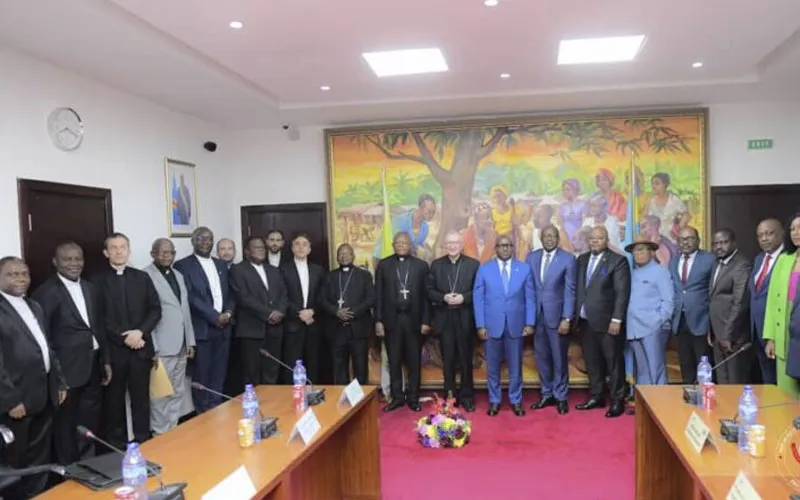 Cardinal Pietro Parolin, Prime Minister Jean-Michel Sama Lukonde and other Church and government officials after the signing of new agreements between the Catholic Church and the government of DRC. Credit: Courtesy Photo