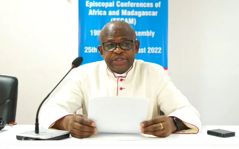 Mons. Donatien Nshole, reading the message of members of the National Episcopla Conference of Congo (CENCO) on July 27 in Accra, Ghana. Credit: ACI Africa