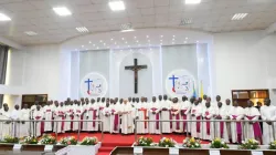 Members of the National Episcopal Conference of Congo (CENCO) with Pope Francis at the Headquarters of CENCO in Kinshasa 03 February 2023. Credit: Vatican Media