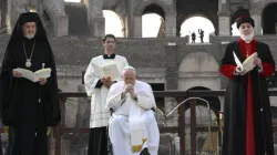Pope Francis prays during an interreligious peace appeal at the Colosseum in Rome, Oct. 25, 2022. | Vatican Media