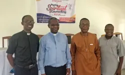 Fr. George Ehusani (2nd from left), flanked on the left by Fr. Andrew Otu (Head of Department of Spiritual Theology), on the right by Fr. Cajetan Ani (Editor of the Pastoral and Spiritual Theology Journal, published by Catholic Institute of West Africa - CIWA), and one other participant at the Symposium on "Psycho-Spiritual Integration" at CIWA in Port Harcourt, Nigeria, on 24 May 2022. Credit: Catholic Institute of West Africa (CIWA)