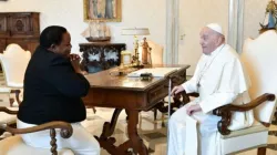Pope Francis  during an audience with Uganda’s Prime Minister (PM), Robinah Nabbanja. Credit: Vatican Media