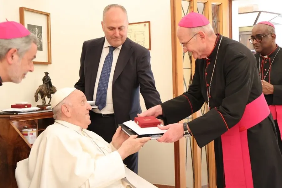 Cardinal-designate Stephen Brislin receiving gifts from Pope Francis during the Ad Limina Visit of members of the Southern African Catholic Bishops' Conference (SACBC). Credit: SACBC