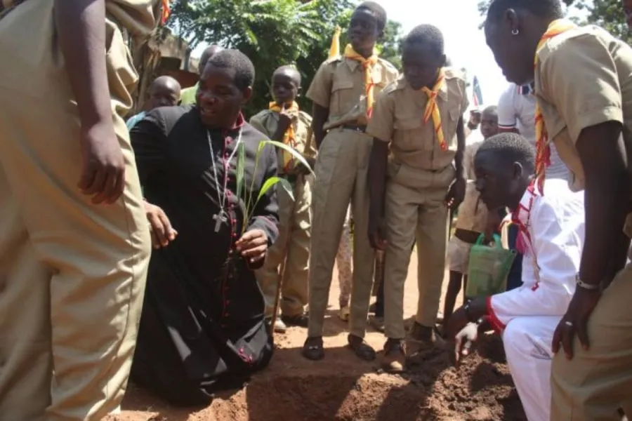 Bishop Edward Hiiboro Kussala during a tree planting exercise at St. Mary Mother of God Parish of of the Catholic Diocese of Tombura-Yambio (CDTY). Credit: CDTY