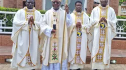Archbishop  Ignatius Ayau Kaigama of Nigeria’s Abuja Archdiocese with the three Priests he ordained on 13 July 2023. Credit: Abuja Archdiocese