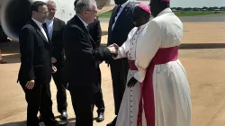 Archbishop Stephen Ameyu Martin receives Pietro Cardinal Parolin upon arrival in Juba. Credit: Sudan/South Sudan Catholic Bishops' Conference