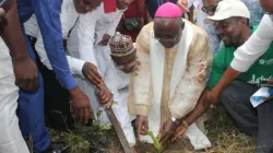 Archbishop Ignatius Kaigama planting a tree as part of the 20000 tree Planting Campaign in the Catholic Archdiocese of Abuja Nigeria.  Credit: Samson Adeyanju