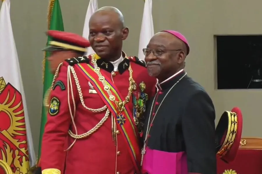 Archbishop Jean-Patrick Iba Ba of Libreville Archdiocese with General Brice Oligui Nguema. Credit: Fr. Serge-Patrick Mabickassa