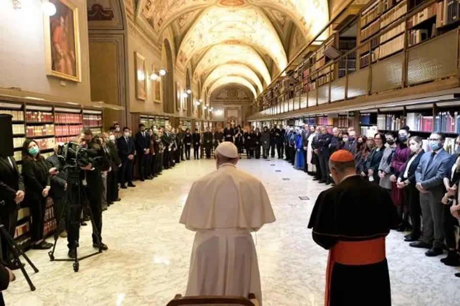Pope Francis inaugurates the new art gallery at the Vatican Apostolic Library, Nov. 5, 2021. Vatican Media.