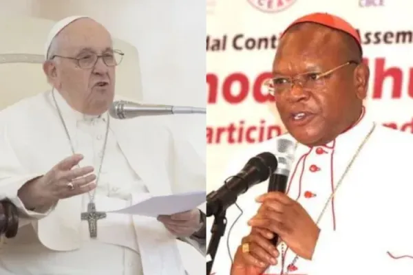 Pope Francis at his general audience on May 17, 2023 (left) and Fridolin Cardinal Ambongo, President of the Symposium of Episcopal Conference of Africa and Madagascar (SECAM) (right). Credit: Daniel Ibanez/SECAM