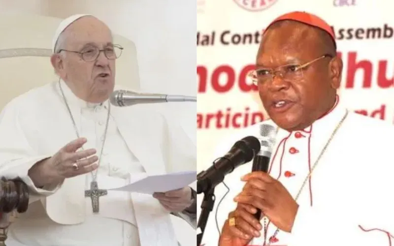 Pope Francis at his general audience on May 17, 2023 (left) and Fridolin Cardinal Ambongo, President of the Symposium of Episcopal Conference of Africa and Madagascar (SECAM) (right). Credit: Daniel Ibanez/SECAM