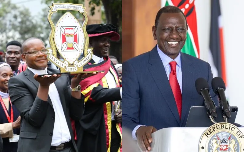 President William Ruto (right) and the Vice Chancellor of Tangaza University (TU), Fr. Prof. Patrick Mwania holding the logo of the institution. Credit: State House Kenya/Institute of Social Communication - Tangaza University