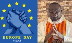 Europe Day Logo and Fr. Peter Konteh, the Executive Director of Caritas Freetown in Sierra Leone. Credit: Caritas Freetown/EU