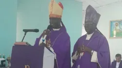 Bishop Henry Juma Odonya of Kitale Diocese reading the message  on behalf of the Kenya Conference of Catholic Bishops (KCCB) members during the Kainuk Cross Border Peace Holy Mass on Sunday, 10 March 2024. Credit: Lodwar Diocese