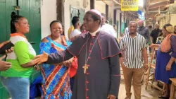 Archbishop Andrew Fuanya Nkea of the Catholic Archdiocese of Bamenda in Cameroon offering words of comfort to persons affected by the fire disaster that razed hundreds of shops at the central market in his Metropolitan See last month. Credit: Bamenda Archdiocese