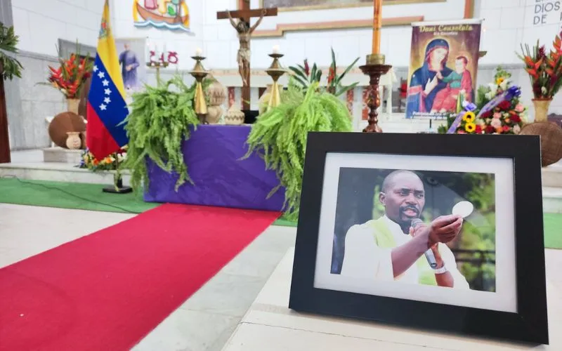 A portrait of Fr. Josiah Asa K’Okal during the requiem Mass at Divine Shepherd Cathedral of Tucupita Apostolic Vicariate in Venezuela. Credit: Archdiocese of Caracas via Seed Consolata