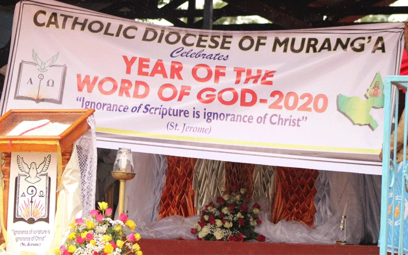 Banner to mark the Year of the Word of God in the Catholic Diocese of Muranga. On the left, an enthroned Word of God. / ACI Africa