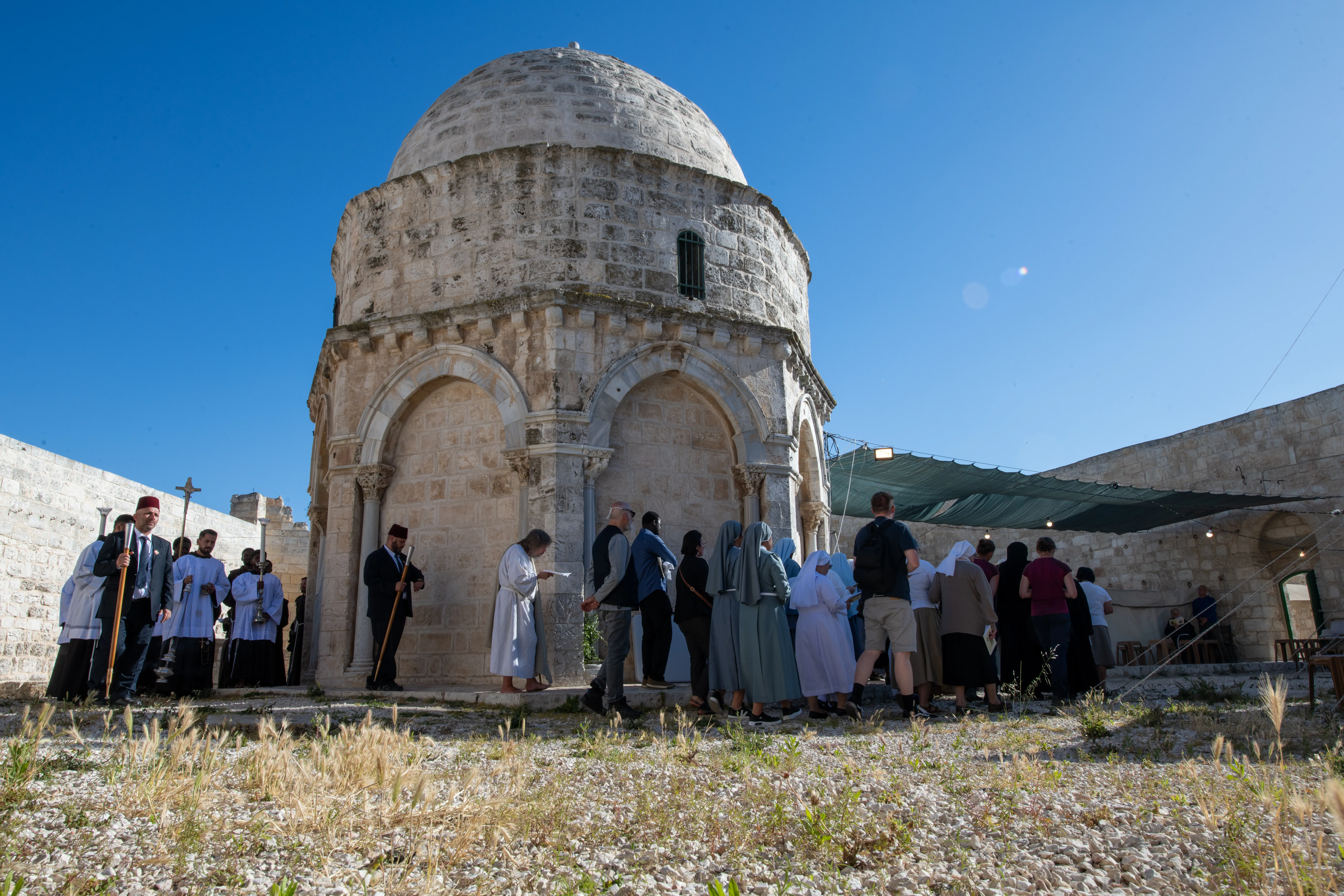 An external view of the Chapel of the Ascension on the Mount of Olives in Jerusalem during the procession of the Franciscan friars after the first vespers of the Ascension solemnity on May 8, 2024. The procession circled the chapel three times. / Credit: Marinella Bandini