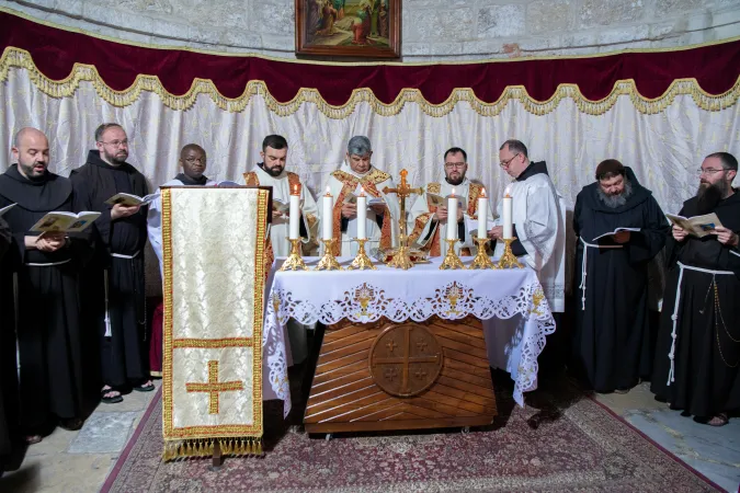 A moment during the vigil celebration by the Franciscans of the Custody of the Holy Land, presided over by the Custodial Vicar Father Ibrahim Faltas inside the Chapel of the Ascension on the Mount of Olives in Jerusalem, during the solemnity on the night of May 8, 2024.