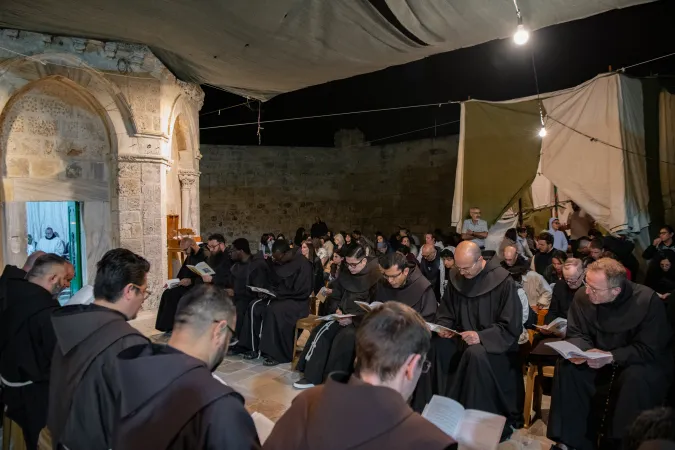 A group of faithful participates in the midnight Mass for the solemnity of the Ascension celebrated in the Chapel of the Ascension on the Mount of Olives in Jerusalem, during the night between May 8 and 9, 2024. After the Franciscans celebrate the Vigil Office, the Masses begin, going on the whole night long in half-hour shifts.
