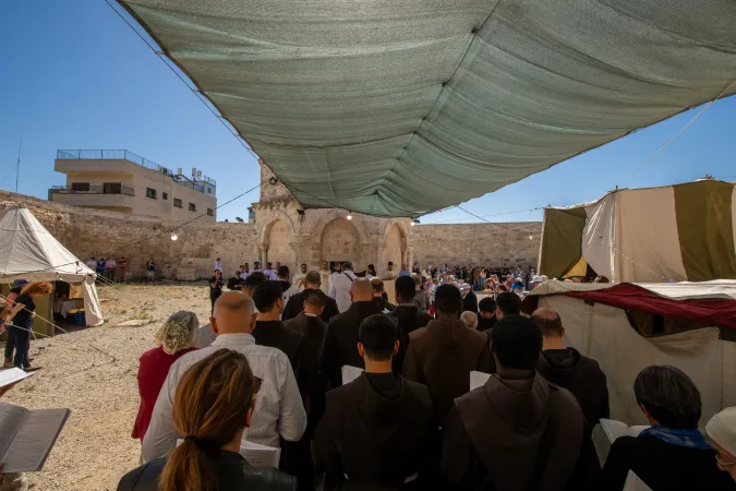 A moment during the celebration of the solemnity of the Ascension, on the morning of Thursday, May 9th, at the Chapel of the Ascension on the Mount of Olives in Jerusalem. Despite the absence of pilgrims due to the war, several groups of faithful, especially locals, have come for this celebration. May 8, 2024.