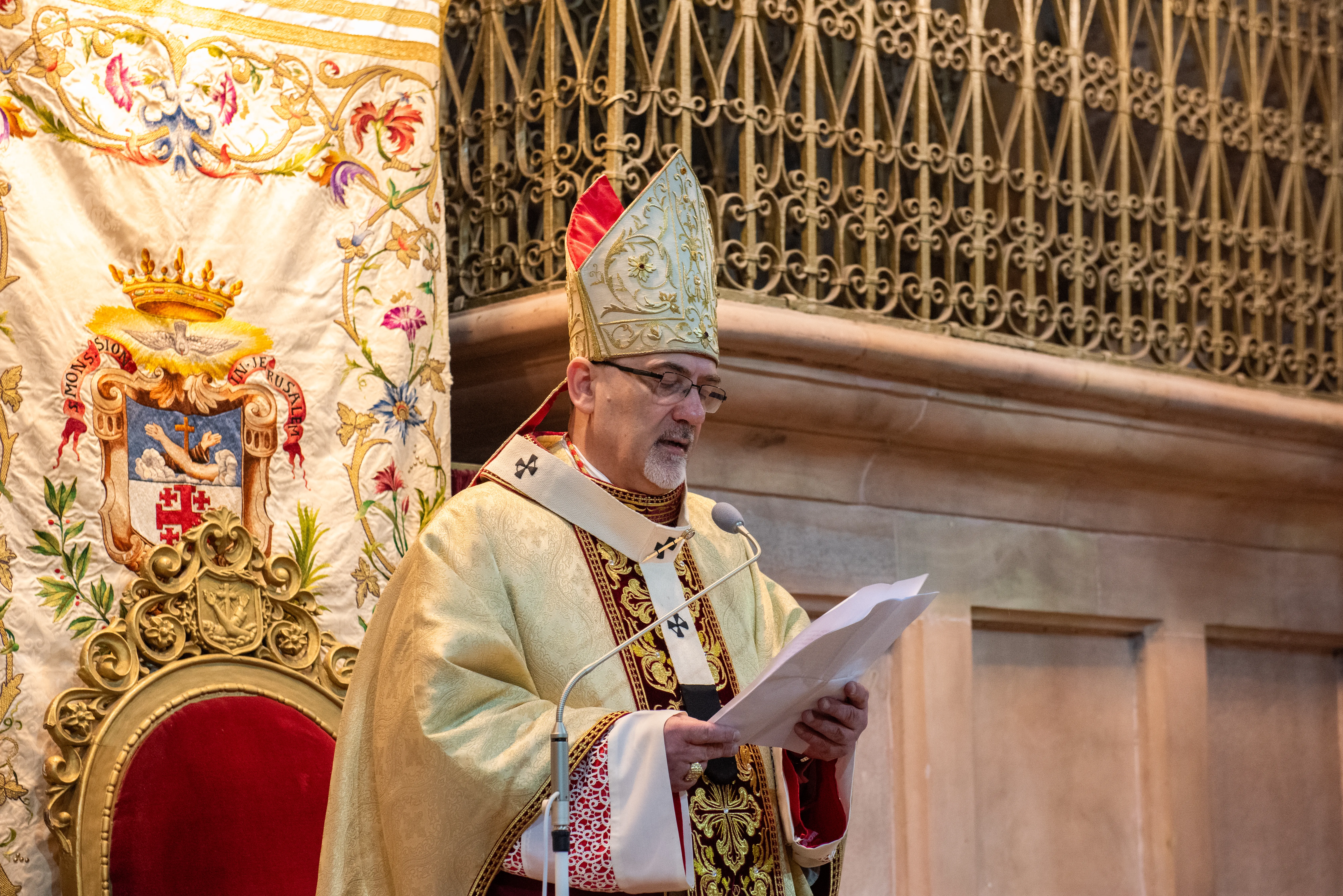 Cardinal Pierbattista Pizzaballa, the Latin Patriarch of Jerusalem, reads the homily during the Easter Vigil in the Basilica of the Holy Sepulcher  in Jerusalem, on the morning of Saturday, March 30, 2024. “Let us lift up our gaze!” urged the Patriarch in his homily.