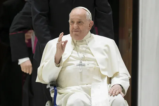 Pope Francis appeared in a wheelchair at his general audience on Feb. 28, 2024. | Credit: Vatican Media