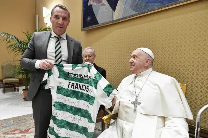 Pope Francis meets with professional soccer players from the Celtic Football Club, a team founded by an Irish Catholic religious brother, on Wednesday, Nov. 29, 2023, at the Vatican. | Credit: Vatican Media