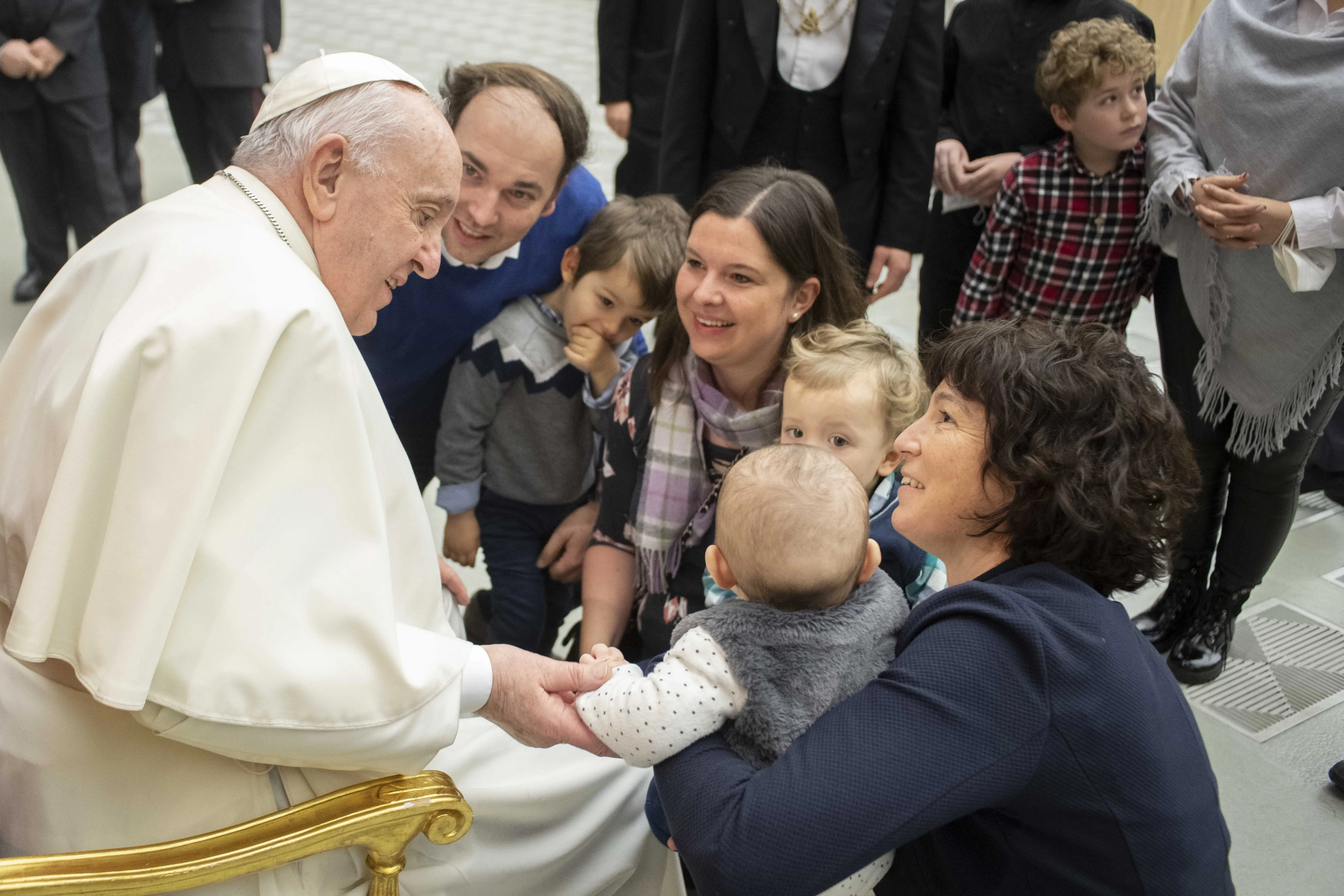 Pope Francis greets families after the general audience on Feb. 2, 2022. Vatican Media