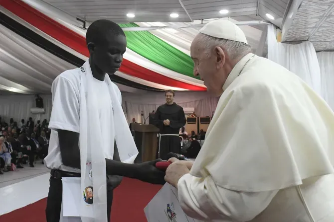 Pope Francis meets a boy living in an IDP camp during a gathering in Juba, South Sudan, on Feb. 4, 2023. | Vatican Media