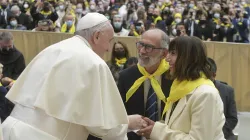 Pope Francis greets a couple during a meeting with members of the Retrouvaille marriage ministry Nov. 6, 2021. Vatican Media