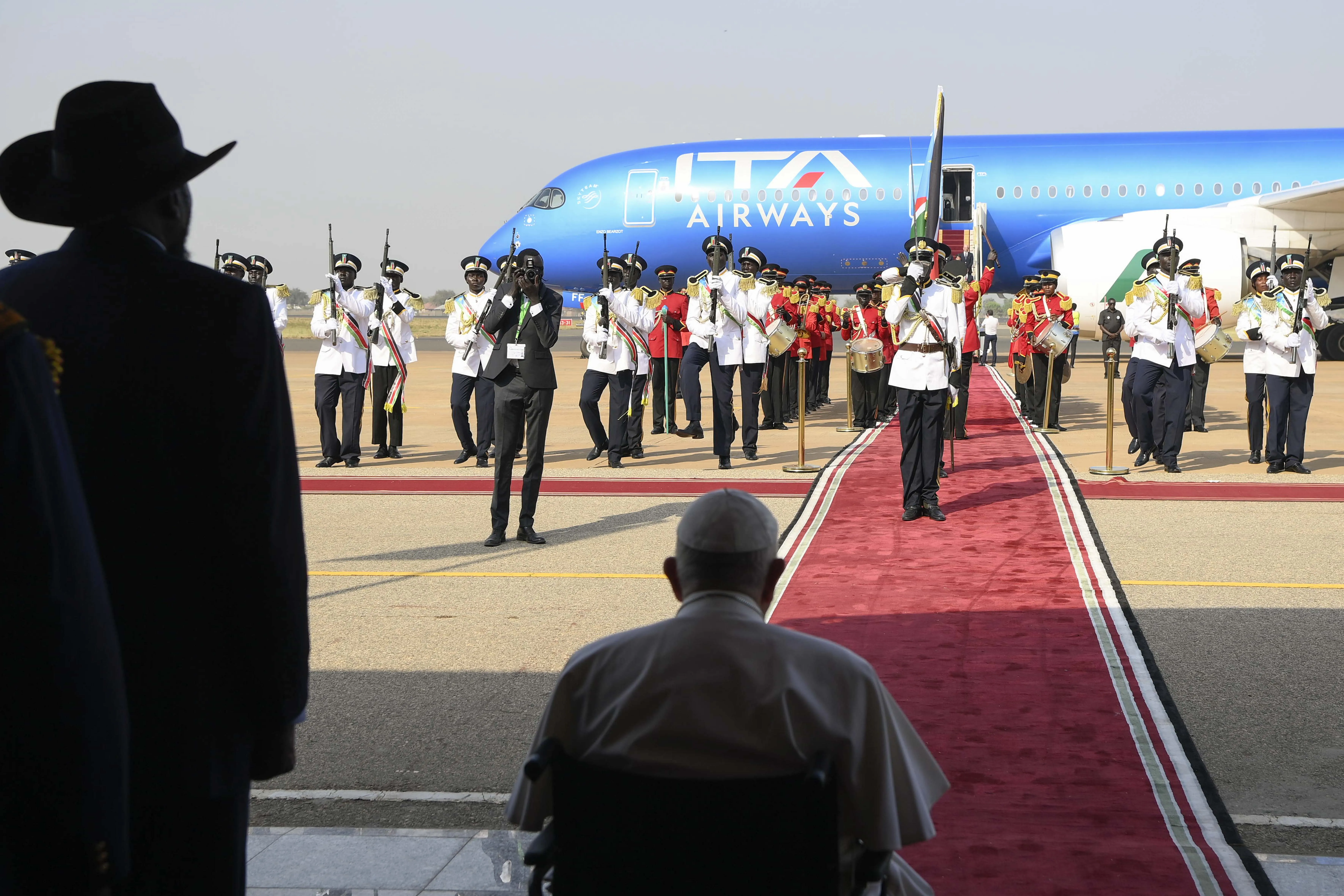 Pope Francis landed in South Sudan on Feb. 3, 2023, becoming the first pope to visit the country and fulfilling a yearslong hope to carry out an ecumenical trip to the war-torn country. / Vatican Media