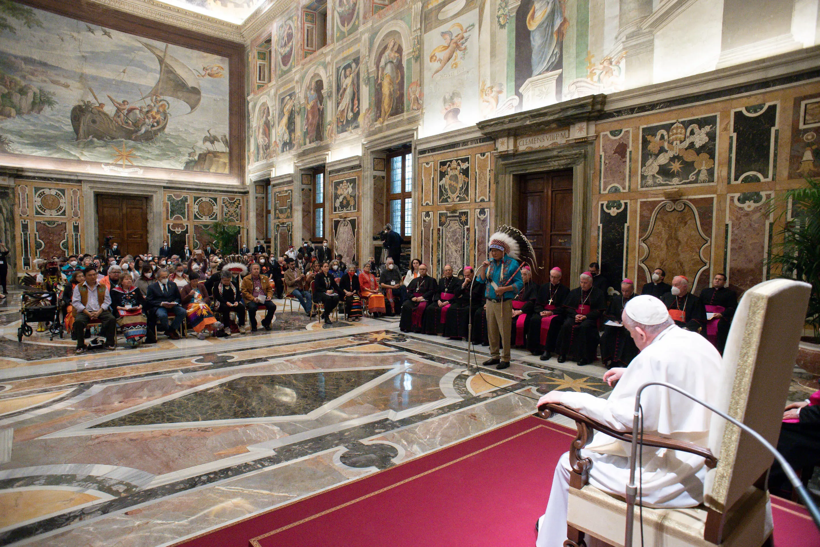 Pope Francis meets Canadian Indigenous leaders at the Vatican on April 1, 2022. Vatican Media