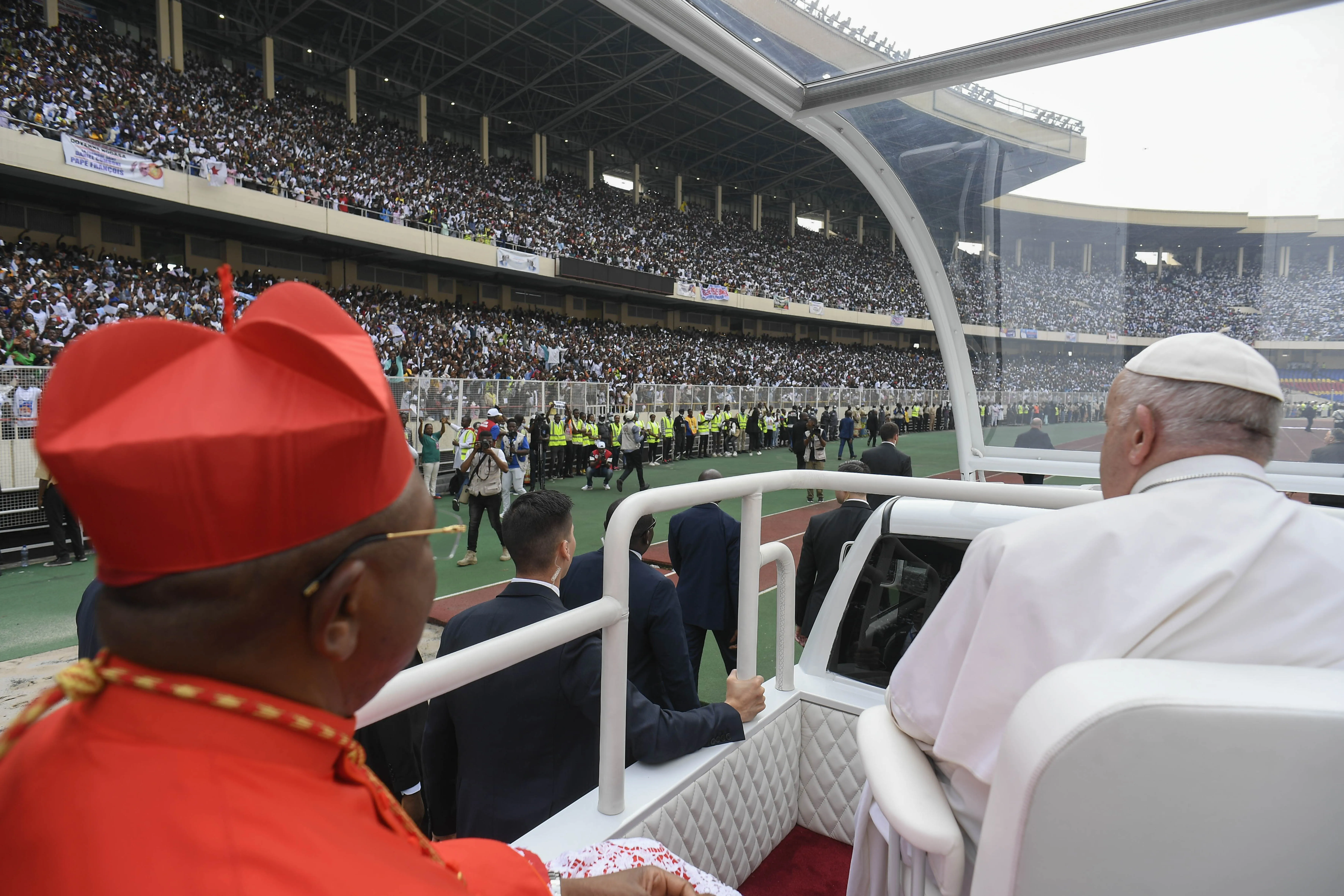Pope Francis interacted with an energetic crowd of 65,000 young adults and catechists at Martyrs' Stadium in Kinshasa, Democratic Republic of Congo, on Feb. 2, 2023. / Vatican Media