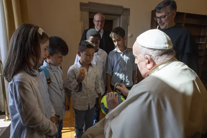 Five children representing five continents speak with Pope Francis in the Apostolic Palace at the Vatican on Oct. 1, 2023. The pope will hold a meeting with children at the Vatican on Nov. 6, 2023. | Credit: Vatican Media