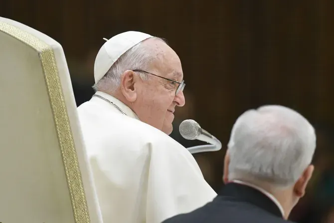 Pope Francis delivers a message at his general audience on Wednesday, Jan. 31, 2024. | Credit: Vatican Media