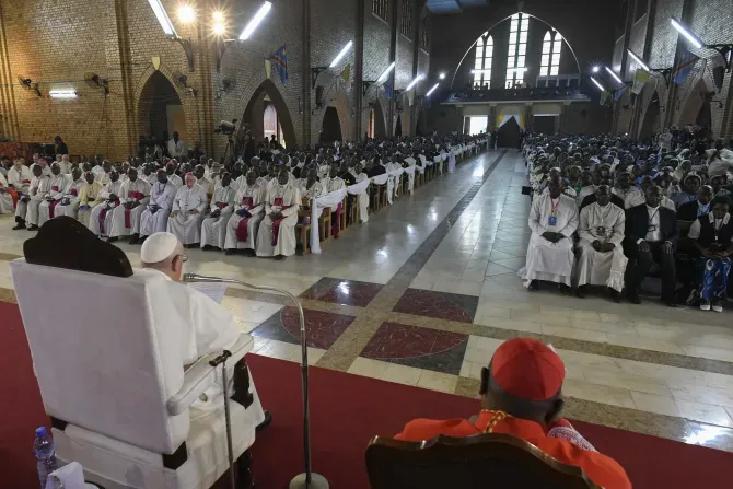 Speaking in Our Lady of Congo Cathedral in Kinshasa on Feb. 2, 2023, the pope encouraged priests and religious to continue to bring the Congolese people Jesus, who “heals the wounds of every human heart.” | Vatican Media