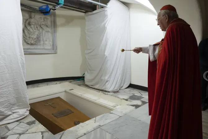 The coffin of Pope Benedict XVI is prepared for interment in the crypt of St. Peter's Basilica on Jan. 5, 2023. | Vatican Media