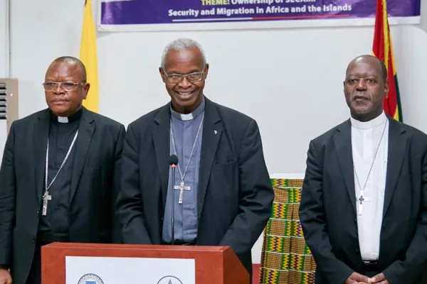 Bishop Richard Kuuia Baawobr (center), Fridolin Cardinal Ambongo Besungu (left) and Bishop Lucio Andrice Muandula (right) elected SECAM President, First Vice and Second Vice President respectively on 30 July 2022. Credit: ACI Africa