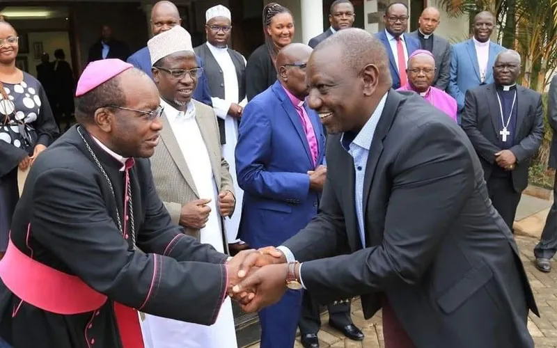Kenya's President-elect, Dr. William Ruto, greeting the Chairman of the Kenya Conference of Catholic Bishops (KCCB), Archbishop Martin Kivuva (foreground), representatives of religious leaders in Kenya in the background. Credit: Catholic MPs in Kenya/Facebook