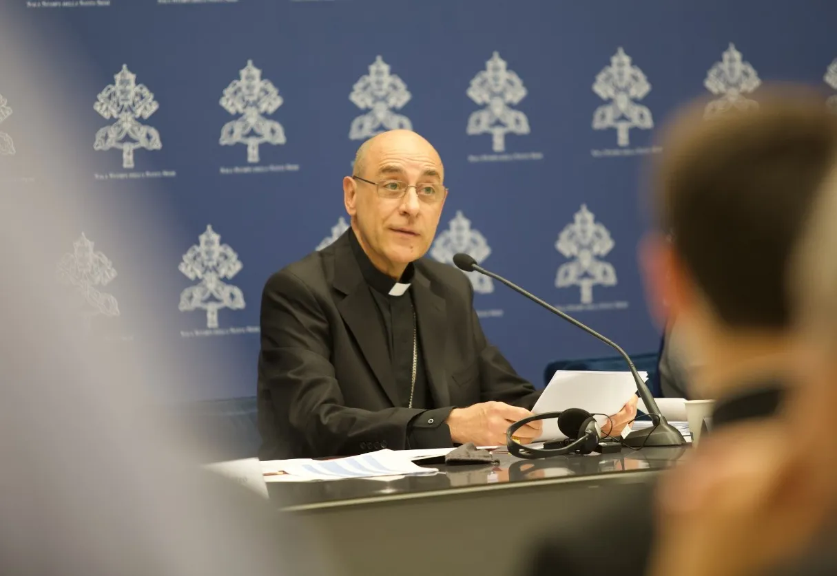 Cardinal Víctor Manuel Fernández, prefect of the Dicastery for the Doctrine of the Faith, presides over a press conference on Friday, May 17, 2024, on the Vatican’s new document on Marian apparitions. / Credit: Rudolf Gehrig/EWTN News