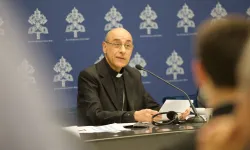 Cardinal Víctor Manuel Fernández, prefect of the Dicastery for the Doctrine of the Faith, presides over a press conference on Friday, May 17, 2024, on the Vatican’s new document on Marian apparitions. / Credit: Rudolf Gehrig/EWTN News