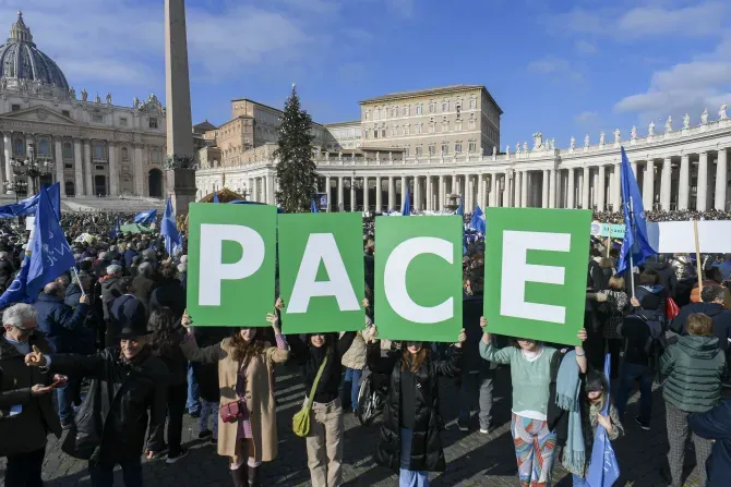 Pope Francis' Angelus message on Jan. 1, 2023, marked the solemnity of the Blessed Virgin Mary, the Mother of God. An estimated 40,000 people gathered in St. Peter's Square for the event. The feast day coincides with the World Day of Peace. | Credit: Vatican Media