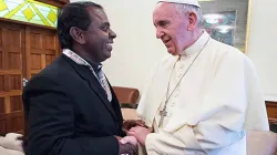Fr. Lazar Arasu, the Director of Don Bosco Palabek Refugee Services with Pope Francis in Rome.