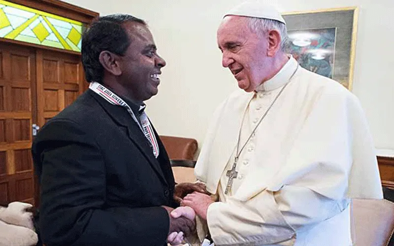 Fr. Lazar Arasu, the Director of Don Bosco Palabek Refugee Services with Pope Francis in Rome.