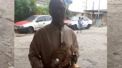 Fr. Benedict Dieme with Monstrance, Lunette Containing Body of Christ Returned to Rois Mages Parish, Akebe Ville of Gabon’s Libreville Archdiocese.