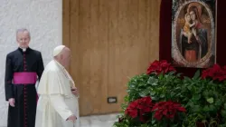 Pope Francis stops to pray before an image of Our Lady and the Child Jesus during his weekly general audience on Jan. 11, 2023. | Daniel Ibanez/CNA