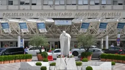 This photograph taken on June 11, 2023, shows the statue of the late Pope John Paul II at the entrance to the Gemelli hospital in Rome. Pope Francis underwent an operation for an abdominal hernia on June 7, 2023, at the Rome hospital. | Credit: ALBERTO PIZZOLI/AFP via Getty Images